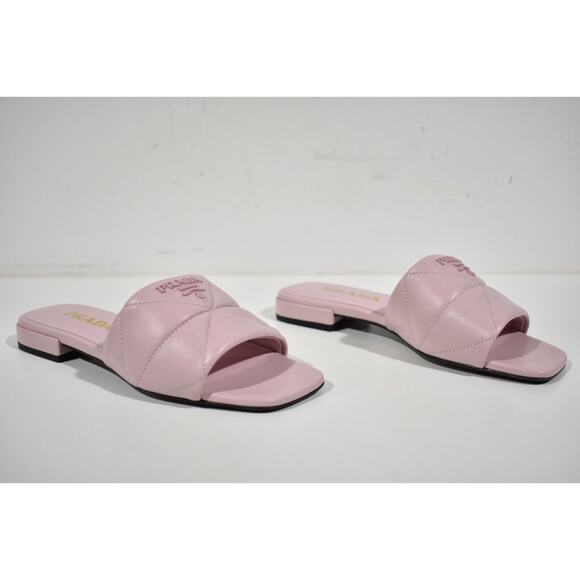 Prada Alabastro Pink Quilted Nappa Leather Logo Slide Sandal Flat Sabots Mule 36 - Picture 3 of 12